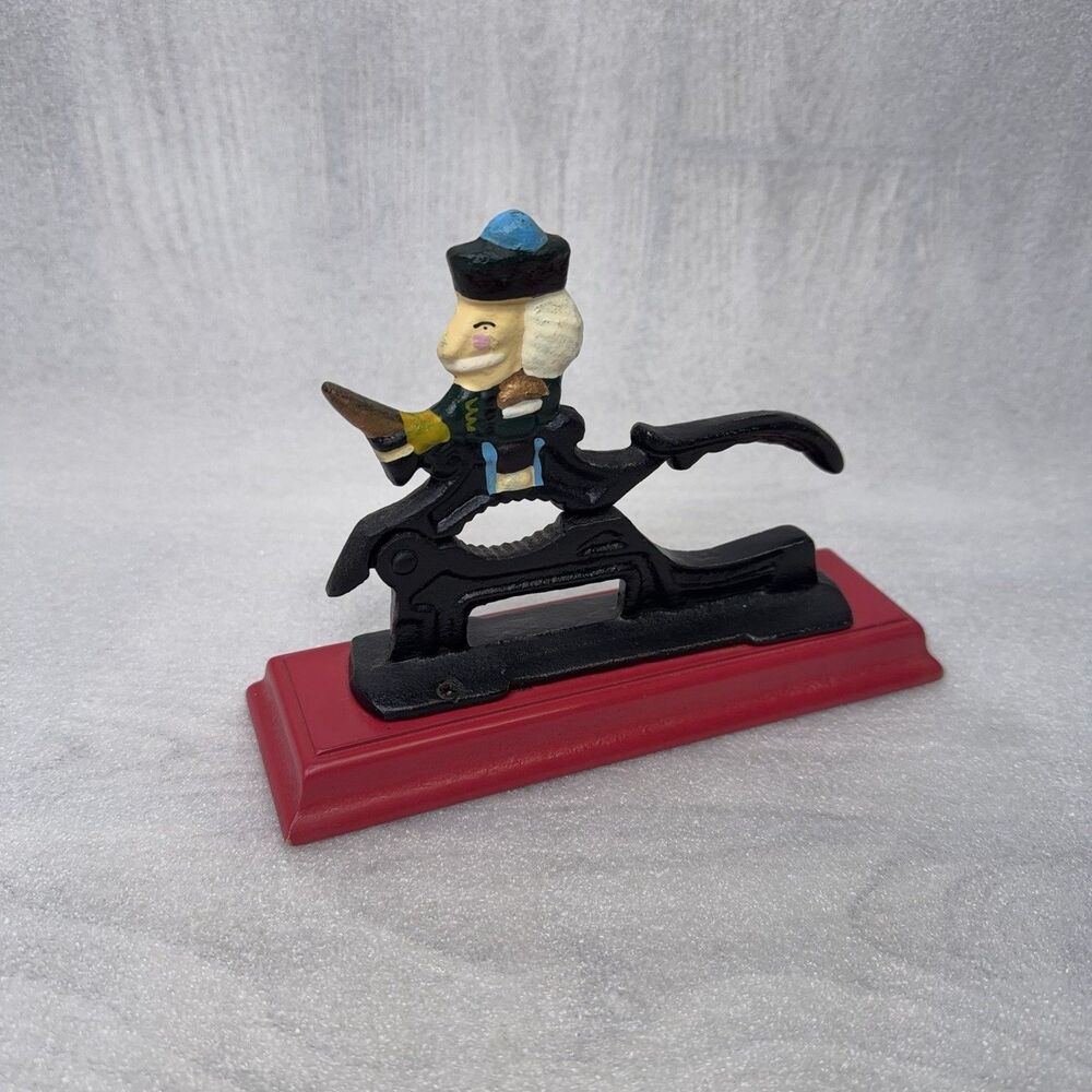 Vintage Cast Iron Tabletop Nutcracker on Wood Base Colonial Soldier w/ Sword